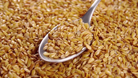 Golden flaxseeds in a spoon on a heap. Macro. Rotation