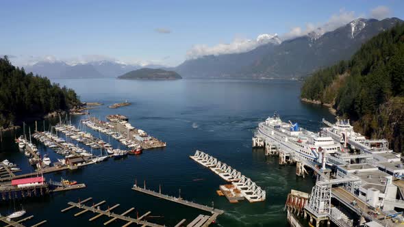 BC Ferries At The Terminal In Horseshoe Bay, West Vancouver, BC, Canada. aerial