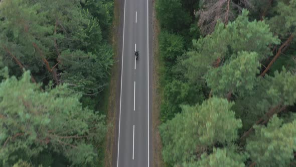 Aerial Shot to Biker Riding on Motorbike Through Forest Road