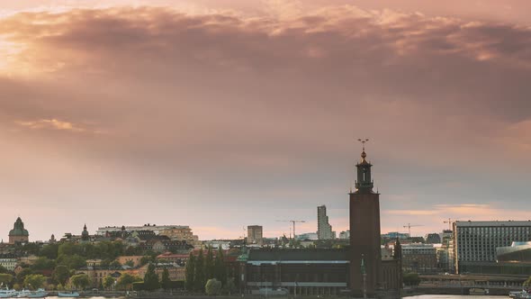 Stockholm, Sweden. Scenic Skyline View Of Famous Tower Of Stockholm City Hall. Building Of Municipal