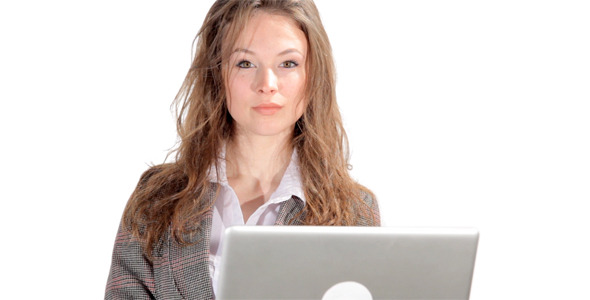 Secretary Typing on Laptop Against White Background