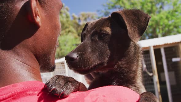 African American volunteer man in a dog shelter with a puppy