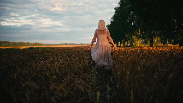 Woman Walks on Wheat Field