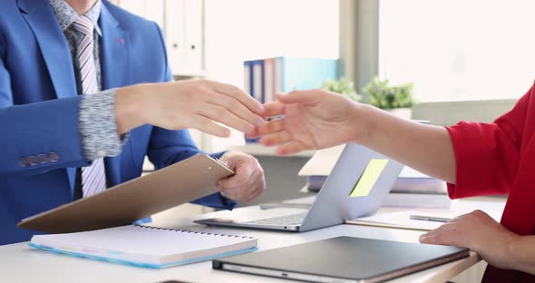 Businessman and Businesswoman Shake Each Other in Office and Sign Document  Movie