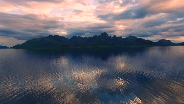 Aerial footage of fjord on Vesteralen islands in Norway