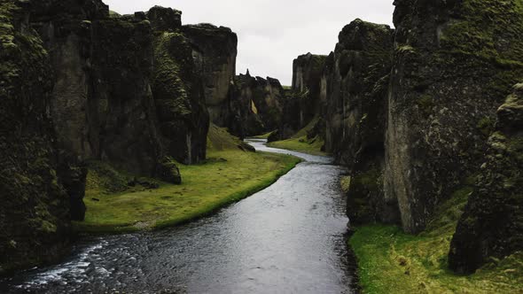 Drone Over Fjaoro River Through Fjaorargljufur Canyon