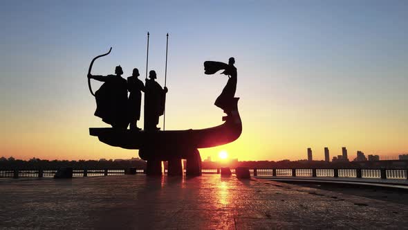 Kyiv, Ukraine - a Monument To the Founders of the City in the Morning at Dawn. Aerial