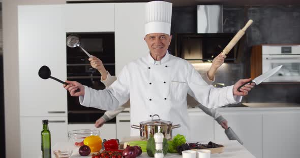 Multitasking Chef with Six Hands Standing in Modern Kitchen