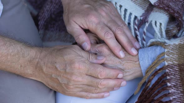 Old Man Leaving Senior Woman Alone at Nursing Home, Hands Closeup, Separation