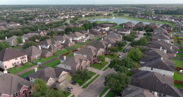 Aerial of middle class suburban neighborhood just outside of Houston, Texas