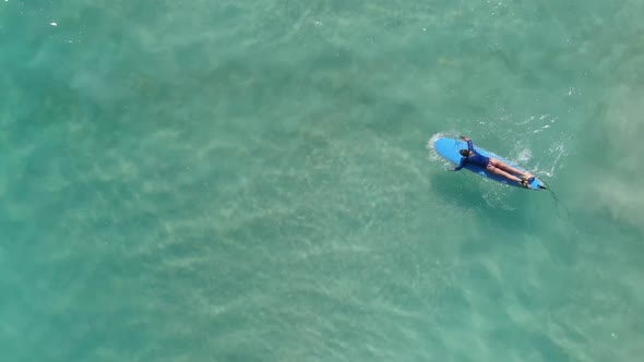 Top View of a Woman Swimming in Light Blue Water on a Surfboard Sports