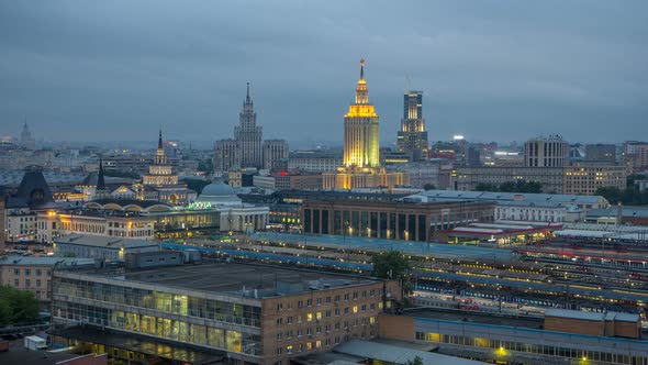 Evening Top View of Three Railway Stations Day To Night Timelapse at the Komsomolskaya Square in