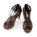 Wooden high heeled brown leather sandals pair - PhotoDune Item for Sale
