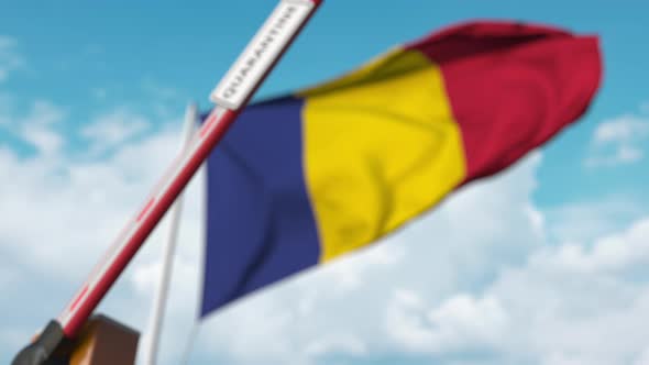 Closed Boom Gate with QUARANTINE Sign at the Romanian Flag alt