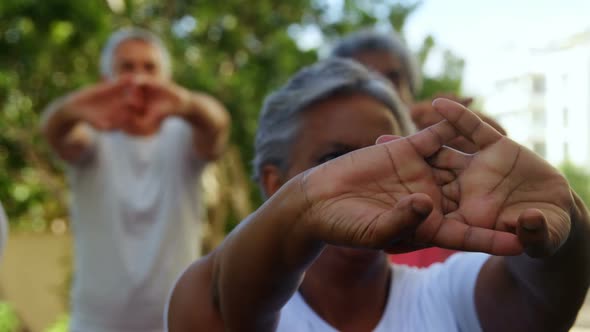 Senior friends doing stretching exercise in garden 4k