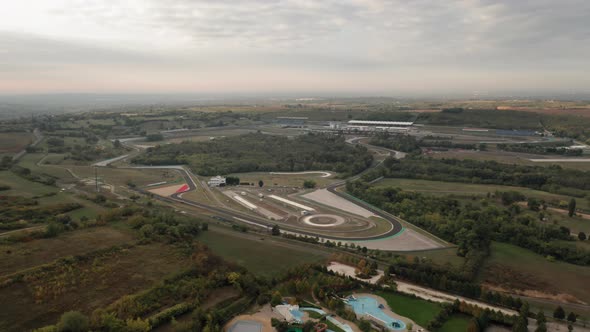 Aerial view of complete Hungaroring race track, overview of the circuit, corners