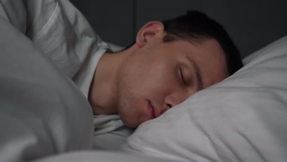 Calm Handsome Man Goes To Sleep Comfortable Cozy Fresh Bed Enjoying Healthy Good Sleep Nap