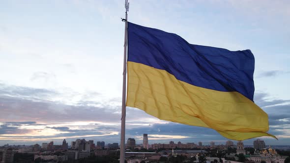 Kyiv - National Flag of Ukraine By Day. Aerial View. Kiev. Slow Motion