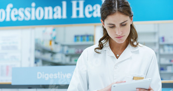 Pharmacist, tablet and checklist for stock, inventory and medicine as chemist, drugstore and employ