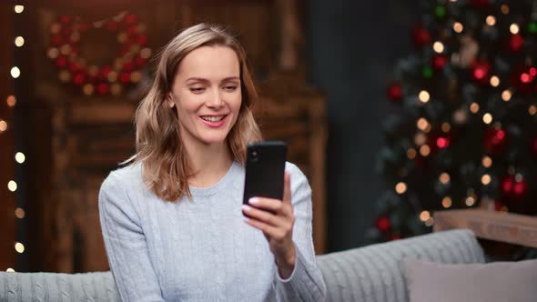 Happy Woman Talking Video Call App Christmas Congratulation