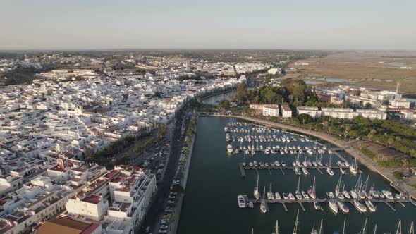 Ayamonte village and harbor, Andalusia in Spain. Aerial panoramic view