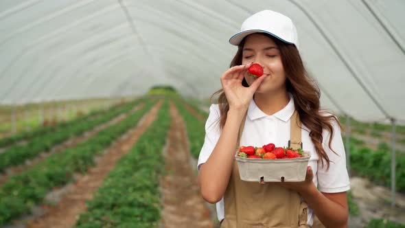 Beautiful Woman Sniffing and Admiring Strawberry