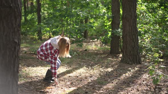 Live Camera Follows Young Woman Walking in Sunshine in Forest Gathering Branches for Bonfire
