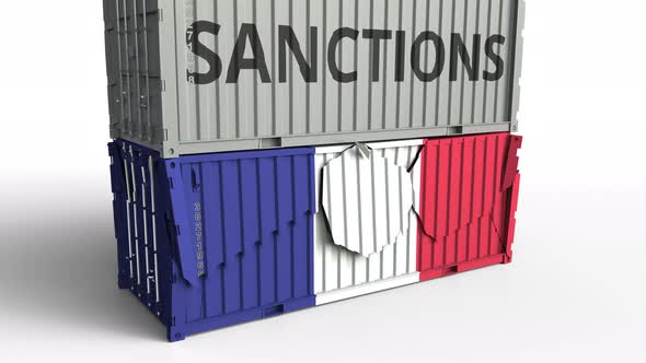 Container with SANCTIONS Text Breaks Container with Flag of France