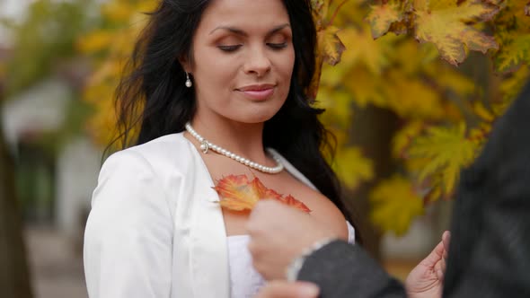 Romantic Date in Autumn Park Brunette Woman and Man in Love are Standing Under Yellowed Maple