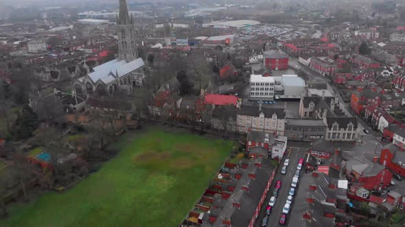 Grantham Drone Aerial Shot Panning Up and Forwards towards church close up Lincolnshire and with St