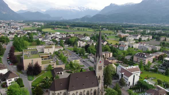 Drone view of Vaduz Cathedral (Cathedral of St. Florin), Liechtenstein, Europe