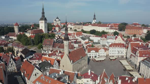 Aerial View of the Medieval Town Hall and Town Hall Square of Tallinn the Capital of Estonia