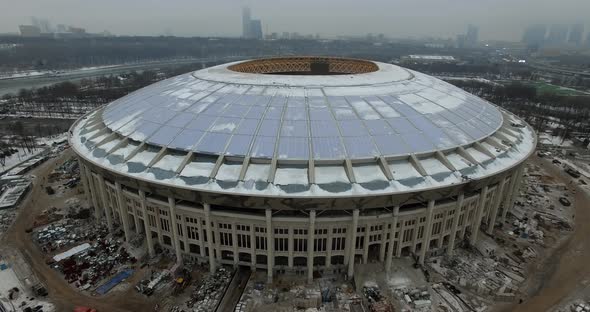 Luzhniki Arena under reconstruction, winter aerial view. Moscow, Russia