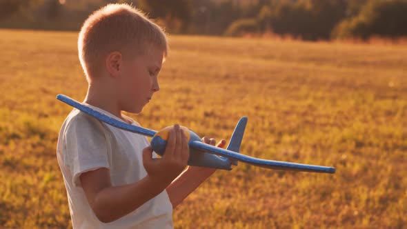 Little boy plays with a toy plane in a field at sunset. Childhood, freedom, inspiration concept.