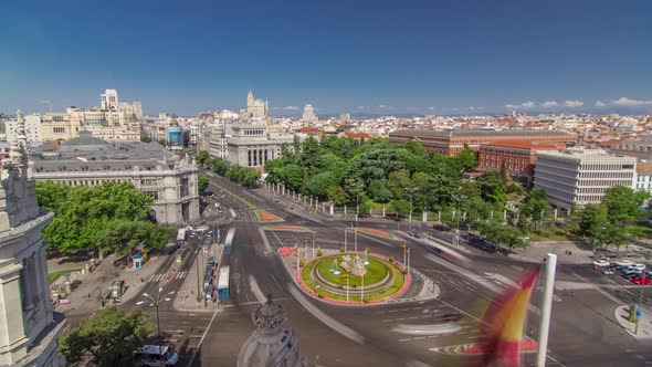 Aerial View of Cibeles Fountain at Plaza De Cibeles in Madrid Timelapse in a Beautiful Summer Day