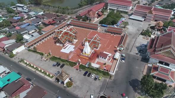 Aerial Footage of Historic Wat Phra That Cheung Chum Temple, Landmark of Sakonnakorn, Thailand