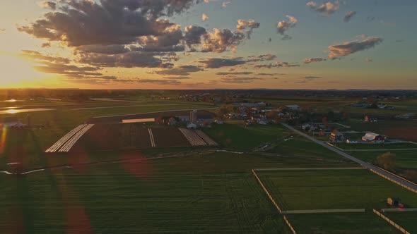 Aerial view of the golden hour looking over Pennsylvania farm lands