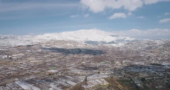 Aerial view of a dry vineyard in the snow, Golan Heights, Israel.