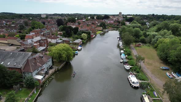 Riverside house on Waveney Beccles town in Suffolk UK drone aerial view