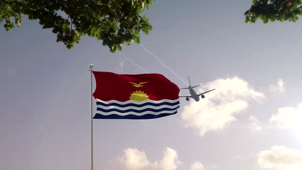 Kiribati Flag With Airplane And City -3D rendering