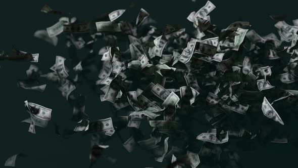 the appearance of money from the dark 100 bills fly into the camera 3d animation