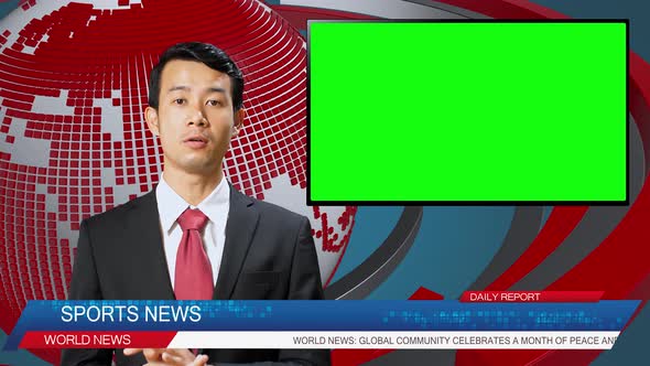 Live News Studio With Male Anchor Reporting On The Sport, TV Show Green Chroma Key Screen