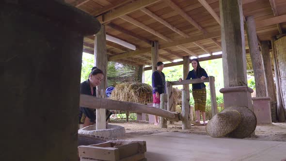 Women Pounding Rice, A Rice Pounder Is An Agricultural Tool