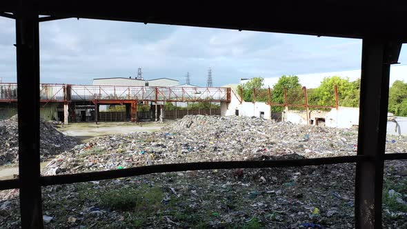 Aerial View of a Warehouse Destroyed By Fire and Filled with Waste Junk, Margate, Kent, UK