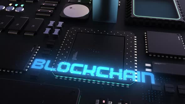 blockchain header on the background of a chip with many processes.