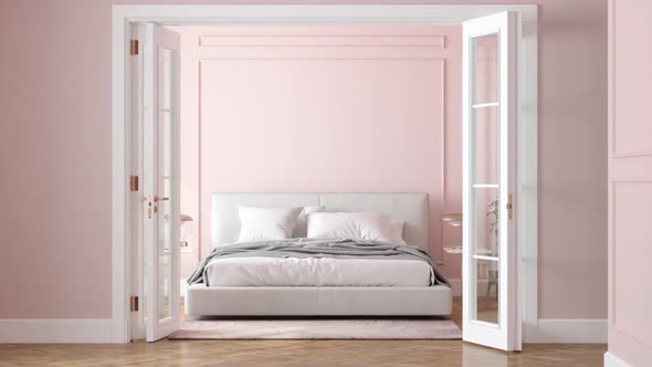Front View Of Bedroom Entrance With Open Door, Bed And Pink Wall Background