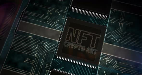 Processor factory with laser burning NFT Crypto Art mining symbol