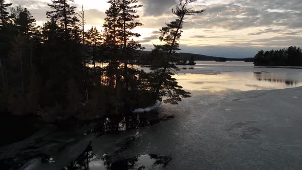 Trees stretching over frozen lake against setting sun Winter