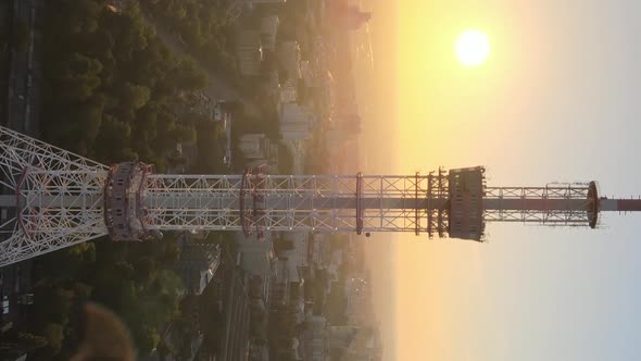 Vertical Video  TV Tower in the Morning at Dawn in Kyiv Ukraine