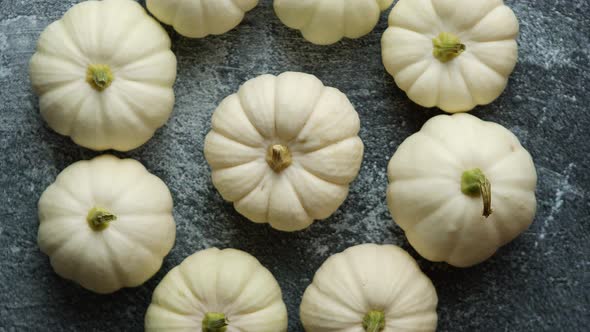 Composition of Cute White Baby Boo Mini Pumpkins Placed in Circle on Dark Stone Table